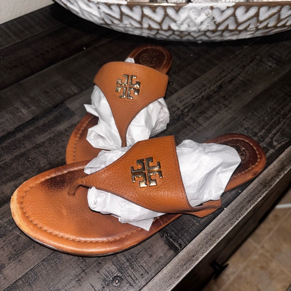 Tory Burch Brown Leather Logo Thong Sandals